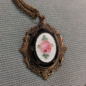 🌹antique Guilloche Enamel Rose on Bronze Filigree Pendant
